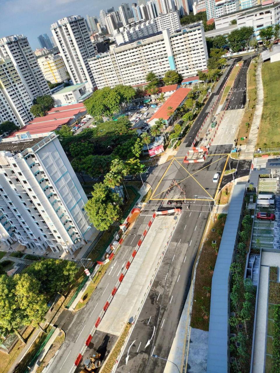 Aerial view of completed condominium driveway, kerbs and cycling path integration