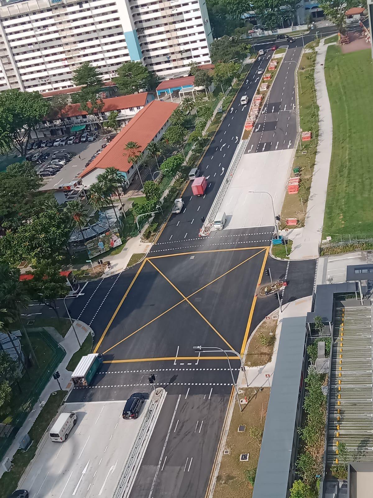 Aerial of completed roadworks adjacent to new residential blocks