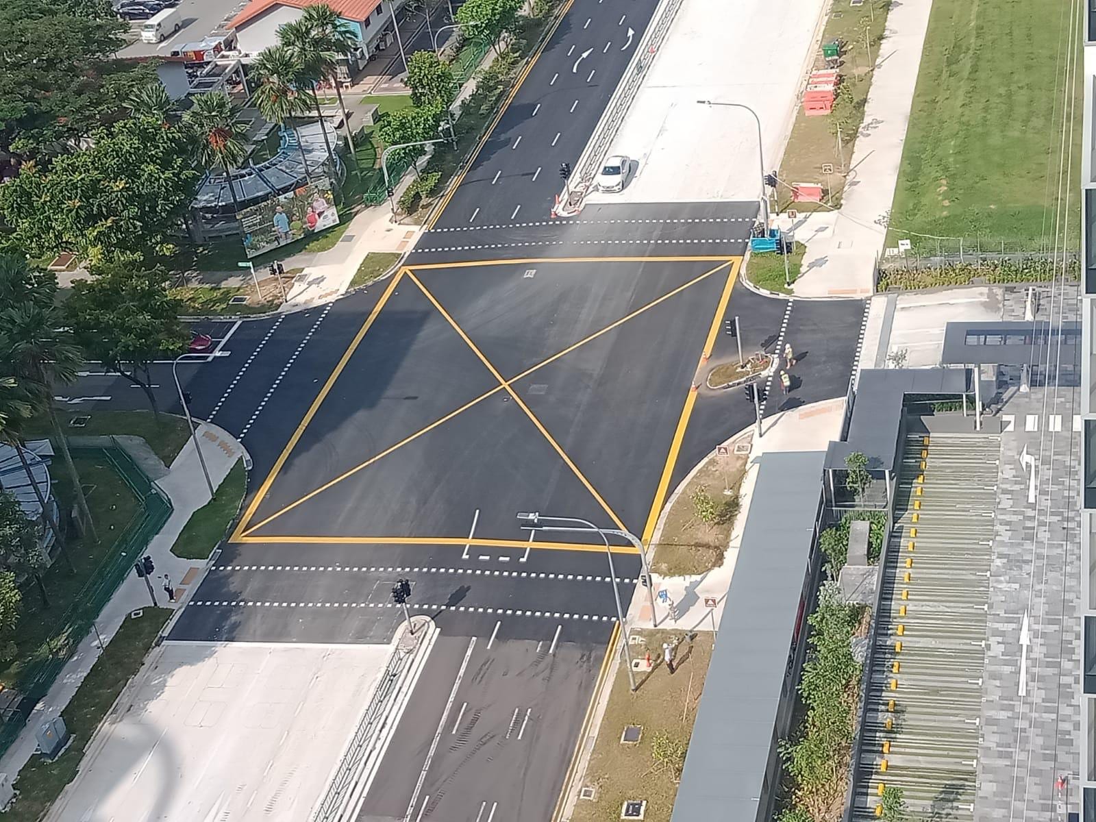 Aerial view of completed junction improvement works, including traffic island installation to optimise traffic flow and enhance road safety.