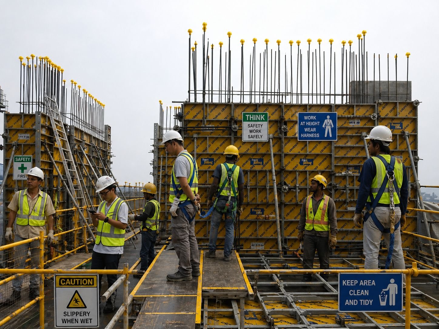 Deep excavation with tower crane on active building site